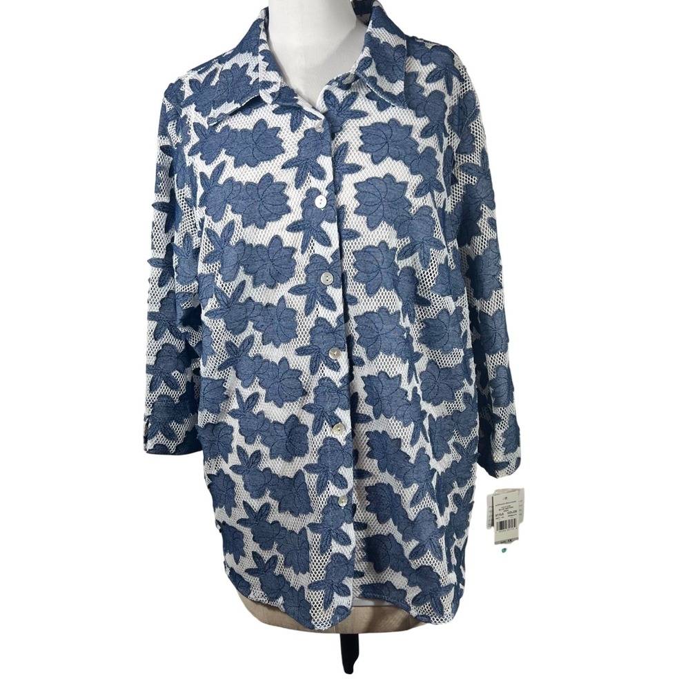 Alfred Dunner‎ Woman Blue Floral Mesh Button Front Top Plus Size 1X NEW